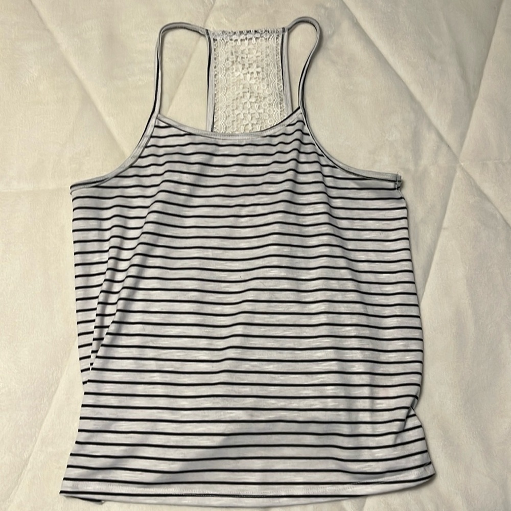Women’s white and black striped tank top. Lace on the back. Women’s 16.